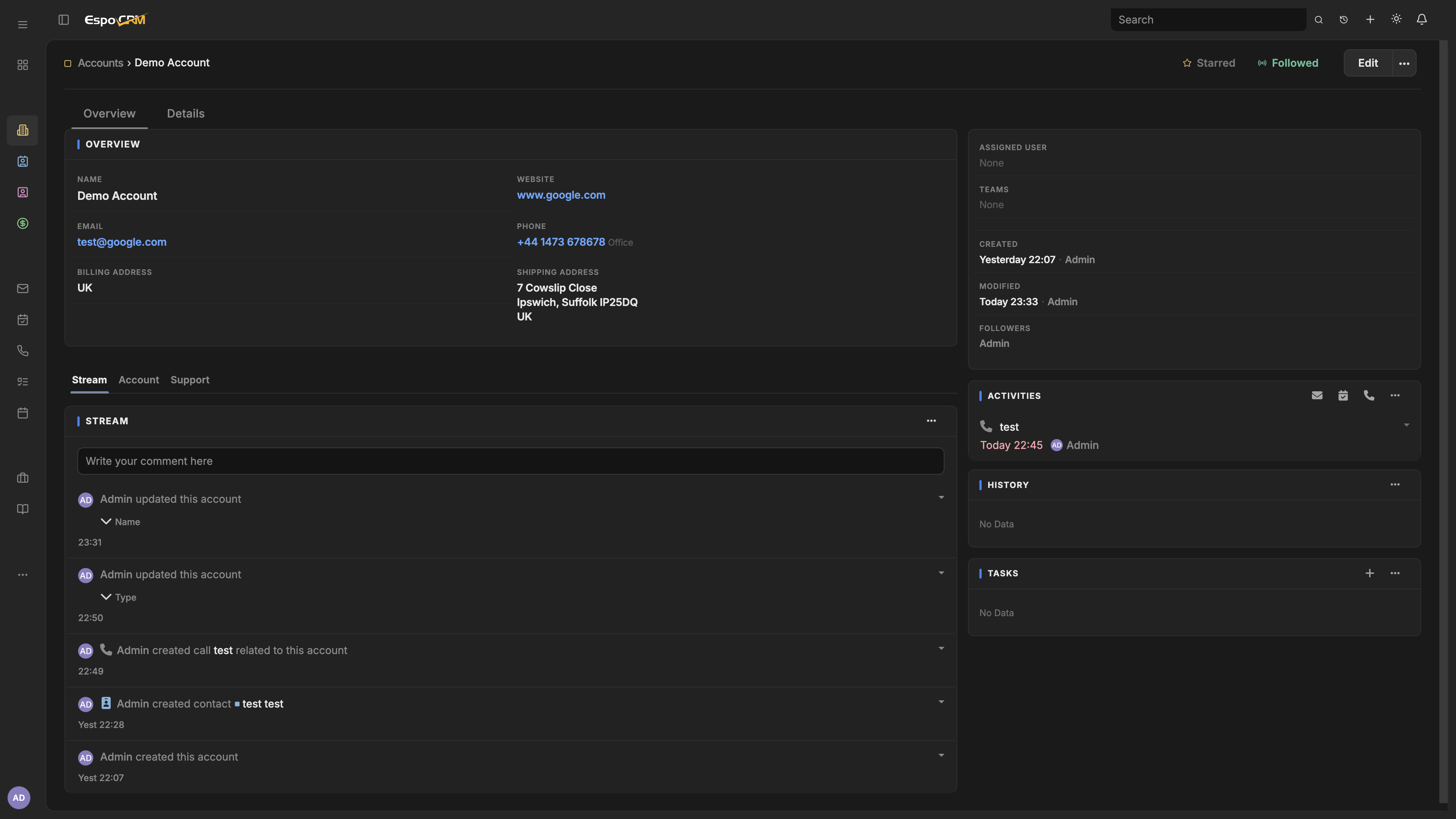 Aether theme on an EspoCRM account detail page with collapsed navigation (dark)